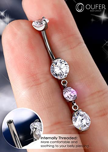 OUFER Titanium Belly Button Rings, Belly Button Rings Dangling, 14G Belly Piercing Jewelry, Internally Thread Clear CZ Belly Rings for Women Men