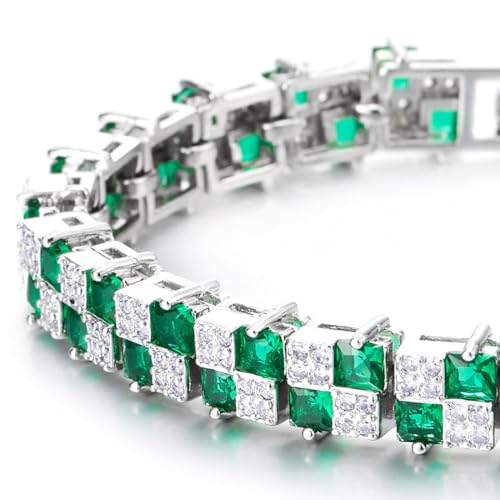 COOLSTEELANDBEYOND Women's Emerald Green and White CZ Tennis Bracelet, Square Cut Stones, Bangle Bracelet, Luxurious