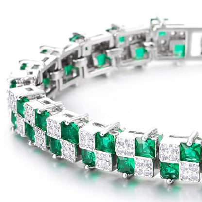 COOLSTEELANDBEYOND Women's Emerald Green and White CZ Tennis Bracelet, Square Cut Stones, Bangle Bracelet, Luxurious