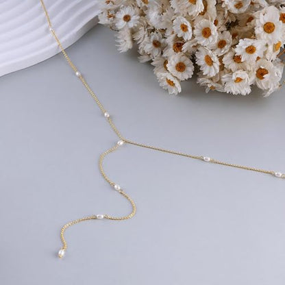 Pearl Necklaces for Women, Dainty Gold Necklace 14K Gold Plated Charm CZ Pearl Pendant Necklace Simple Gold Pearl Choker Necklaces for Women Trendy Wedding Womens Jewelry - color: pearl lariat necklace-gold