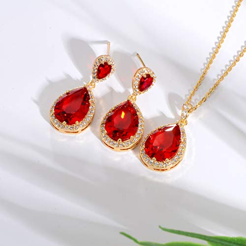 Bridal Jewelry Set for Wedding - 18k Plated Teardrop CZ Crystal Cubic Zirconia Rhinestone Necklace Earrings Set for Bride Bridesmaids Mother of Bride Party Prom Birthstone Costume Jewelry - color: Jul-Ruby