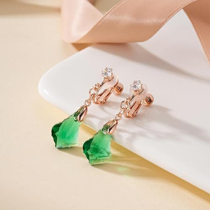 Austrian Crystal Baroque Drop Clip On Dangle Earrings for Women Non Pierced 14K Rose Gold Plated Hypoallergenic Jewelry - color: Emerald Green