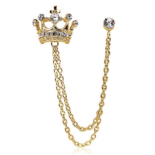 YOOE British Style Rhinestone Crown Chain Brooch. Retro Crystal Corsage Pin, Tassel Chain Suit Jacket Brooch Pin for Men Husband Gifts