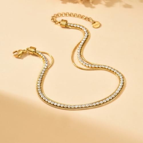 Anklets for Women, 18K Gold Plated Dainty Ankle Bracelets with Tennis, Pearl, Daisy, Lip, Snake Chain, Layered CZ Anklet Waterproof, Adjustable Boho Summer Beach Foot Jewelry - style: 3 Layer Snake Chain