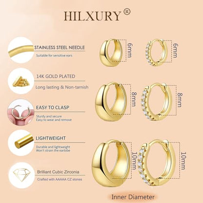 HILXURY 6 Pairs Small Gold Huggie Hoop Earrings for Women, 14K Gold Plated Cartilage Piercings Hoop Earrings Hypoallergenic, Trendy Lightweight Chunky Hoops Set for Women Gifts. - color: E- Gold