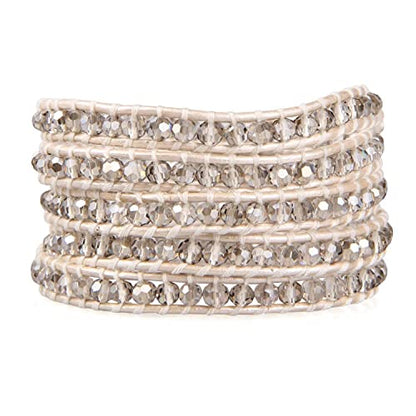 KELITCH New Gray Crystal Beaded 5 Wrap Bracelet On Leather Friendship Bracelets Jewelry for Womens