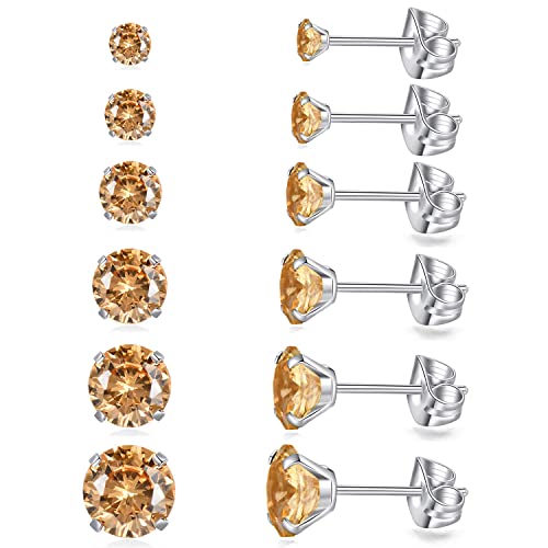 6 Pairs Stud Earrings Set, Hypoallergenic Cubic Zirconia Earrings 316L Stainless Steel CZ Earrings 3-8mm - color: A-Champagne CZ