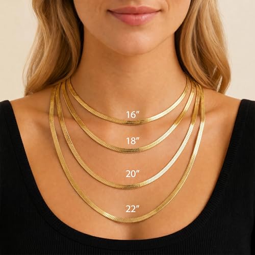 14K Gold/Silver Plated Stainless Steel Herringbone Necklace for Women, Dainty Snake Chain Choker, Trendy Simple Long Layered Jewelry, Non Tarnish 4mm Flexible Flat Necklace, Made in Italy - color: G-20