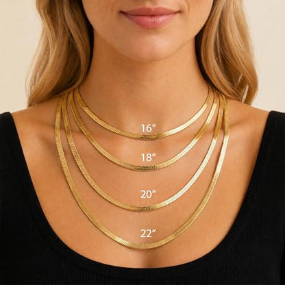 14K Gold/Silver Plated Stainless Steel Herringbone Necklace for Women, Dainty Snake Chain Choker, Trendy Simple Long Layered Jewelry, Non Tarnish 4mm Flexible Flat Necklace, Made in Italy - color: G-22