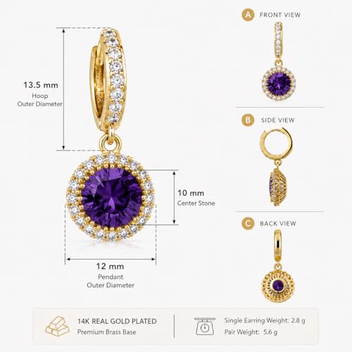 14K Gold Plated Hoop Dangle Earrings for Women, Hypoallergenic Colorful Cubic Zirconia Drop Earrings, Lightweight Huggie Earrings for Women - color: Gold/Amethyst Purple