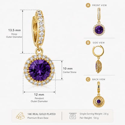 14K Gold Plated Hoop Dangle Earrings for Women, Hypoallergenic Colorful Cubic Zirconia Drop Earrings, Lightweight Huggie Earrings for Women - color: Gold/Amethyst Purple
