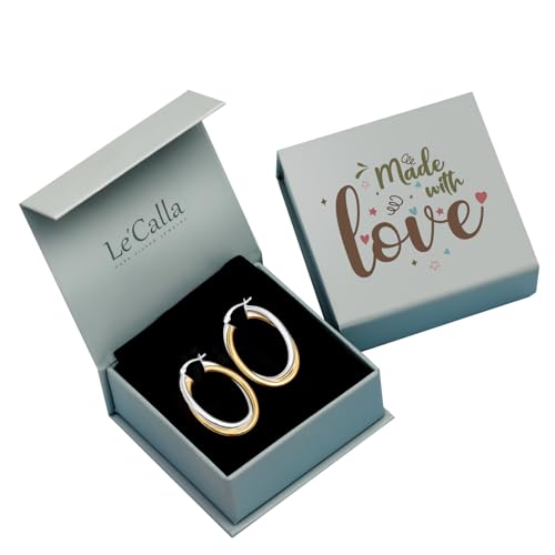 LeCalla 925 Sterling Silver Chunky Hoop Earrings | 14K Two-Tone Three-Tone Hoop Earrings | Intertwining Oval Shape Polished Twisted Hoop Earrings for Women - color: Chunky Two-Tone with Customized Box