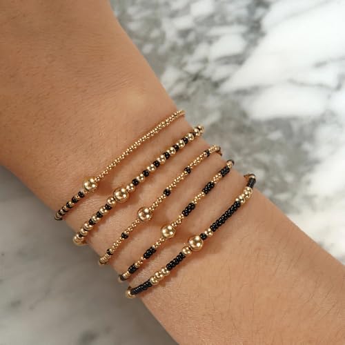 Gold Small Ball Seed Bead Stackable Bracelets Set For Women, Stretch Accessories Handmade Dainty, Daily Party Friendship Gift - color: Black