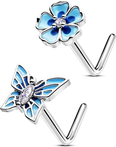 OUFER 2PCS Stainless Steel Nose Rings, Moon Star Butterfly Design 20G Nostril Dangle Piercing Jewelry - 7MM - style: Blue Butterfly Butterfly