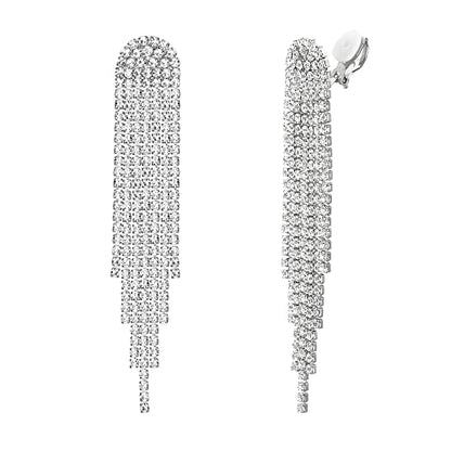 Clip-on Earrings Rhinestone Dangling for Women Fashion Long Chandelier Sparkle Crystal Tassel Dangle Drop Earring - color: Clear-Silver-Tone