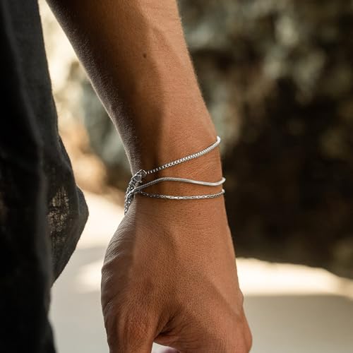 Mens Bracelet - Dainty Gold/Silver Chain Bracelet Stack 14K Gold Plated Silver Bracelets for Men Stainless Steel Adjustable Cross Charm Cuban Link Bracelet Snake Jewelry Set to Men Dad Birthday Day - color: Silver, size: 7+2 Inch