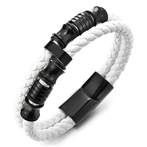 COOLSTEELANDBEYOND Mens Double-Row Braided Leather Bracelet Bangle Wristband with Black Stainless Steel Ornaments - color: M-White