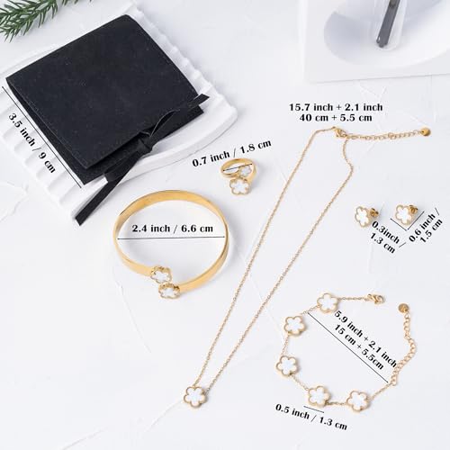 Lucky Flower Alloy Jewelry, Lucky Flower Design Necklace Earrings Bracelet Bangle Ring Jewelry Set, Clover Gold Plated Chain Wrap Ornament & Plush Pouch for Women - color: White