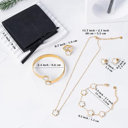 Lucky Flower Alloy Jewelry, Lucky Flower Design Necklace Earrings Bracelet Bangle Ring Jewelry Set, Clover Gold Plated Chain Wrap Ornament & Plush Pouch for Women - color: White