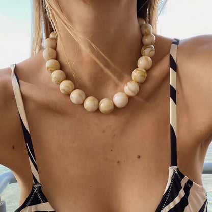 Multicolor Chunky Beaded Necklace, Statement Colorful Round Ball Beads Choker Necklace with Gold-Tone Adjustable Chain, Fashion Bold Neck Jewelry for Women - color: 20MM-Beige