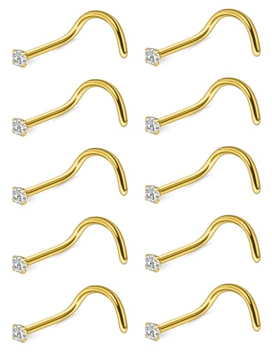 Nose Studs Surgical Steel Nose Rings Studs with Cubic Zirconia 10Pcs Tiny Nostril Rings for Women Screw Bone and L-Shaped Nostril Piercing Jewelry 24G 22G 20G 18G - color: goldtone,screw nose studs, size: 18g,1.5mm Clear CZ