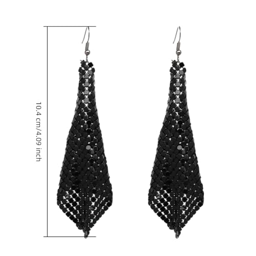 Mesh Sequin Tassel Long Drop Earrings for Women, Lightweight Metal Grid Fringe Dangle Earrings, Colorful Sparkly Alloy Wedding Bridal Party Jewelry (1 pair) - color: Black