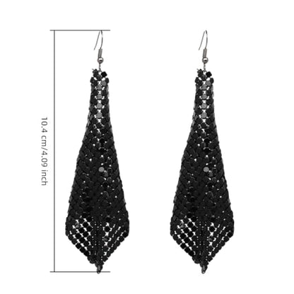 Mesh Sequin Tassel Long Drop Earrings for Women, Lightweight Metal Grid Fringe Dangle Earrings, Colorful Sparkly Alloy Wedding Bridal Party Jewelry (1 pair) - color: Black