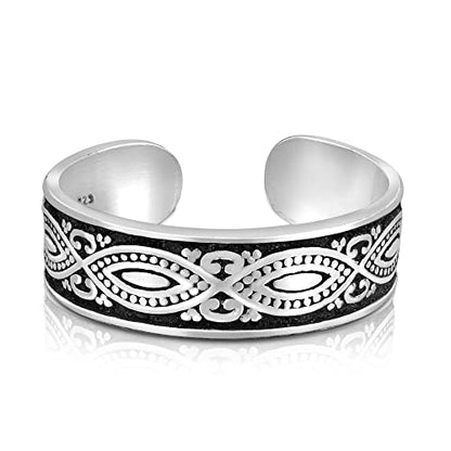 AeraVida .925 Sterling Silver Adjustable Toe Ring or Pinky Ring 5mm Wide Open Band, Stackable Minimalist Summer Foot Jewelry | Sun Moon Star Turtle Butterfly Leaf Olive Branch Ocean Wave Yin Yang Design - style: Balinese 2