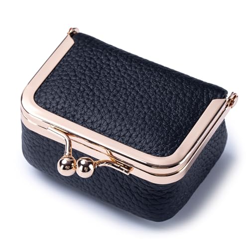 Genuine Leather Mini Jewelry Box - Vintage-Inspired Travel Jewelry Organizer with Kiss Lock, Compact Ring Box for Women, Perfect for Earrings, Rings, Necklaces, Bracelets (B Black) - color: Black L 2.95in