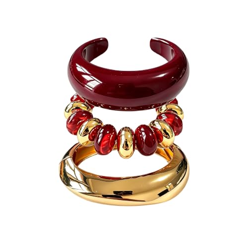 Chunky Gold Acrylic Bangle Bracelets for Women Chunky Resin Beaded Bracelets 14K Gold Plated Bangle Stack Statement Cuff Jewelry Gift - color: RED Bracelet