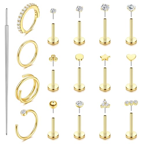ORAZIO 14K Gold Filled Nose Rings Studs Hoops for Women Men 20G 18G Hypoallergenic Surgical Steel Push in Threadless Flat Back Earrings CZ Helix Tragus Lip Cartilage Medusa Nostril Piercing Jewelry - color: 14K Gold Plated, size: 18g=1.0mm