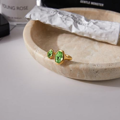 18k Gold Plated Green Crystal Geometry Ring for Women Stainless Steel Chunky Sparkly Cubic Zirconia Hexagon Stackable Statement Adjustable Open Finger Band Rings Comfort Fit Holiday Party Jewelry