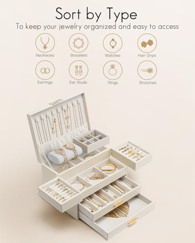 VLANDO Jewelry Box,4-Layer Design with Retractable Tray and 2 Drawers | Separate Necklaces,Rings,Bracelets,Earrings Organizer Areas,Watches Pillow,Birthday Gift,Vanity - color: A.Cloud White, size: 4-Layer