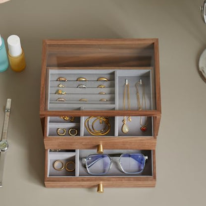 Black Walnut Jewelry Organizer, 2 Layer | Wooden Jewelry Box, For Women, For Necklaces Ring Earring - size: 2 Layer