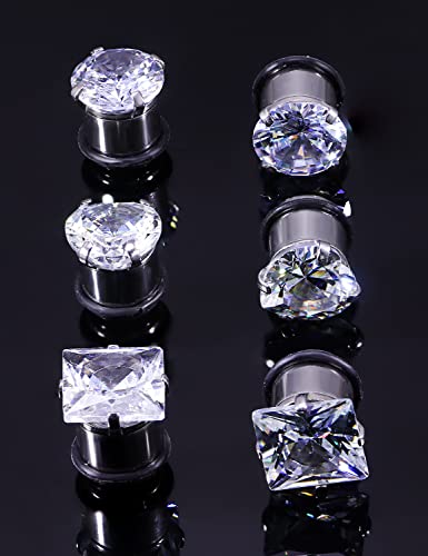 8G 6G 4G 2G 0G 1/2 inch Stainless Steel Ear Gauges - Round, Square, Heart, Cubic Zirconia - 3mm to 12mm - Silver, 3 Pairs - color: Gauge=00g=10mm