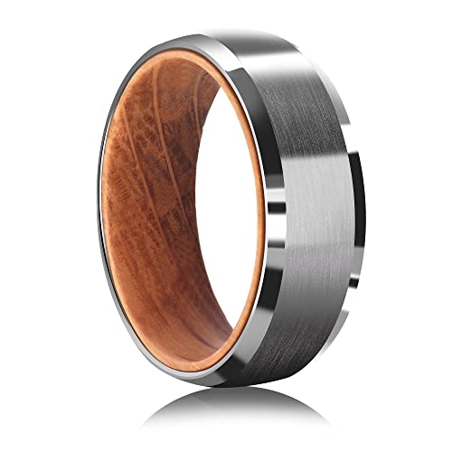 Tungsten Rings for Men Womens 8mm Black Silver Fashion Promise Wedding Band Carbide Inner Hole Inlaid Whiskey Barrel Wood Chamfer Frosted Matte Finish Edge Comfort Fit size 7-12 - color: silve Barrel wood guide angle