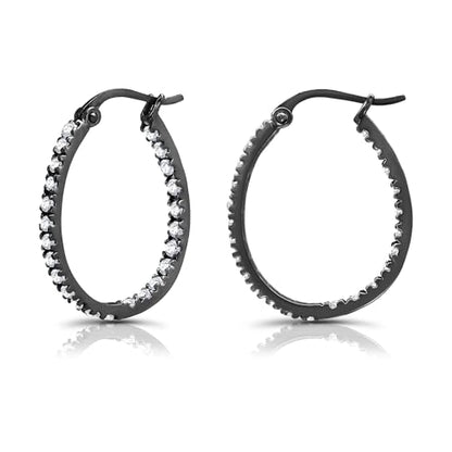 Hoops & Loops 925 Sterling Silver Cubic Zirconia Inside Out Oval Hoop Earrings for Women, 20mm 25mm 30mm - color: 20mm-Black