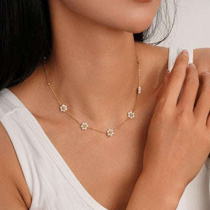 Ursteel 14K-Gold-Plated Necklace for Women Girls, Cute Daisy Pearl Necklace for Girls Clover Butterfly Cubic Zirconia Flower Evil Eye Station Necklaces for Women Teen Girl Gifts - color: " Daisy Pearl