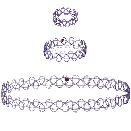 EXPRESSIONS 3pc Assorted Tattoo Stretch Jewelry Collection - Tattoo Choker Necklace, Bracelet & Ring Set - Stretchy Tattoo Effect Jewelry Accessories For Kids And Adults - color: PURPLE