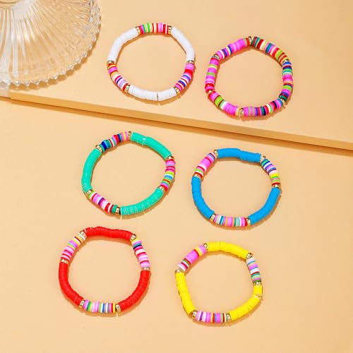 Friendship Bracelets for Women - Heishi Surfer Colorful Smile Evil Eye Clay Beaded Stretch Bracelets Elastic Layering - Stackable Boho Disc Y2K Aesthetic Summer Jewelry Set. - color: Heishi-6pc-colorful