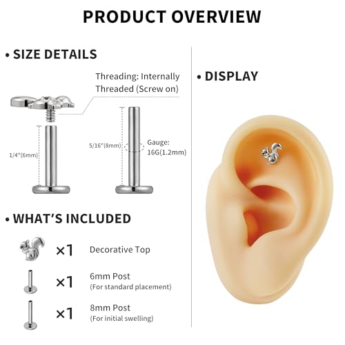 FINE4U Cartilage Christmas Piercing Jewelry 16G 6mm 8mm - ASTM F136 Titanium, Flat Back Labret Stud for Helix Flat Lobe, Elk Minimalist Earring, Squirrel Earrings - color: Squirrel - Tit