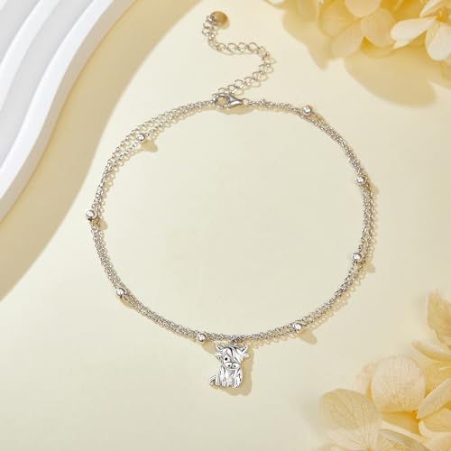POPLYKE Frog/Pearl/Dragonfly/Ladybug/Highland Cow/Pearl/Moonstone Anklets Sterling Silver Double Layered Chain Beach Anklets for Women Foot Jewelry - style: Highland Cow Anklets