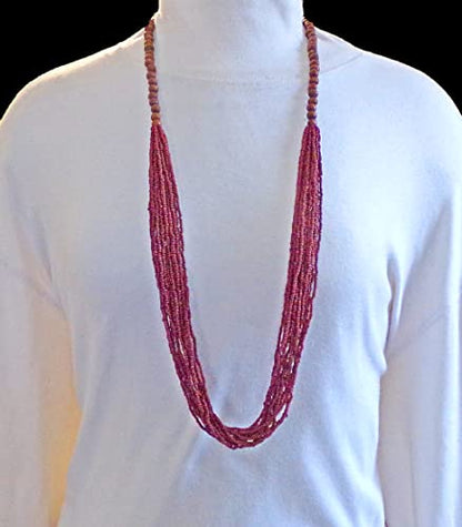 Long Red Multi-Strand Seed Bead Necklace with Wood Beads – 15 Layer Bohemian Statement Necklace, Casual Layered Fashion Jewelry