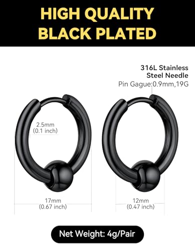 ChainsHouse Stud Earrings for Men Women,316L Stainless Steel/14K Gold/Black Plated Metal, Punk Hypoallergenic Surgical Huggie Hoop Earrings Mens Jewelry Piercing Hoop Earrings - style: B: Black-Bead Hoop(1 Pair)
