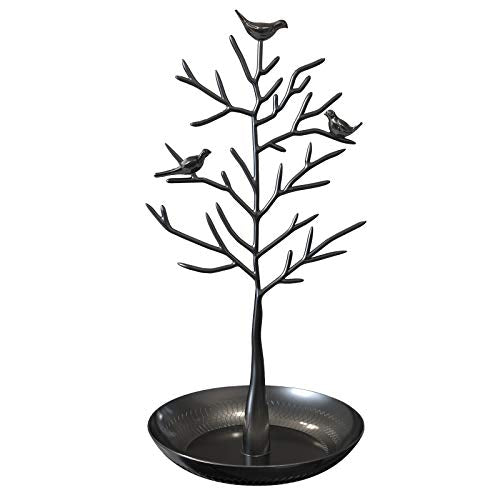 Jewelry Tree Stand Holder with Tray Ear Ring Organizer Black | Metal Necklace Earring Display 11.8"×5.9" for Women Teen Girls Home Table Decor Tree-like Design with Bird on the Top - color: Black