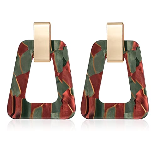 Acrylic Geometric Statement Earrings - Mottled Resin Lightweight Dangle Earrings for Party or Vacation - color: BROWN GREEN
