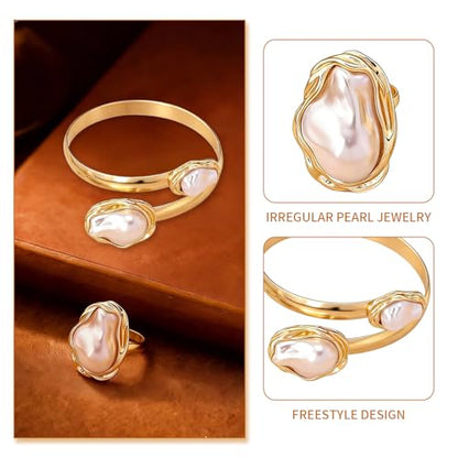 Vintage Irregular Pearl Bracelet Ring Set for Women, Chunky Cuff White Gold Matching Jewelry, Prom Fashion Accessories