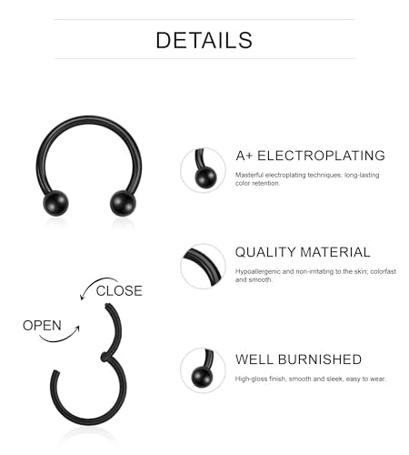 16PCS Surgical Stainless Steel Hinged Clicker Segment Horseshoe Septum Lip Eyebrow Rings 16G Nose Ring Hoop Cartilage Helix Conch Tragus Rook Daith Earrings Piercing Jewelry for Women Men 6mm 8mm 10mm 12mm - color: Black Tone