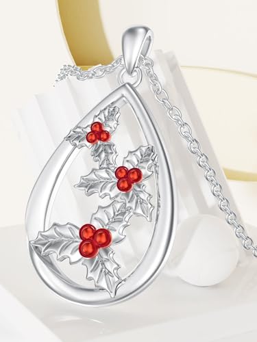 12 Month Birth Flower Necklace for Women 925 Sterling Silver Floral Teardrop Pendant Birthday Jewelry Gifts - color: 12. December Holly