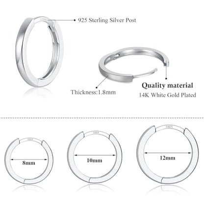 3 Pairs 925 Sterling Silver Hoop Earrings 14K White Gold Plated Small Silver Hoops Cartilage Huggie Earrings for Women Men - color: A-Silver 8/10/12mm